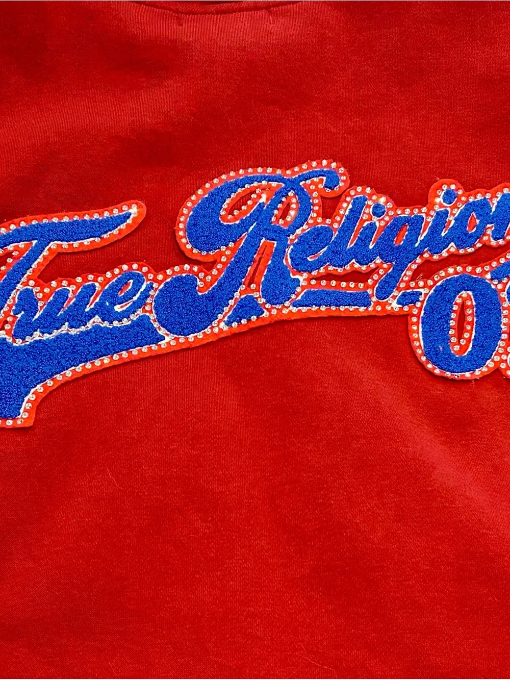 True Religion Crystal Patch Varsity Hoodie - Red Dahlia Cropped Zip Up XS